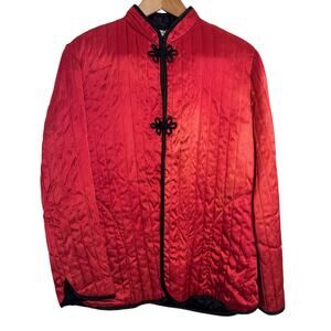 Vintage Neiman-Marcus Quilted Satin Jacket Frog Closures Mandarin Collar M Red